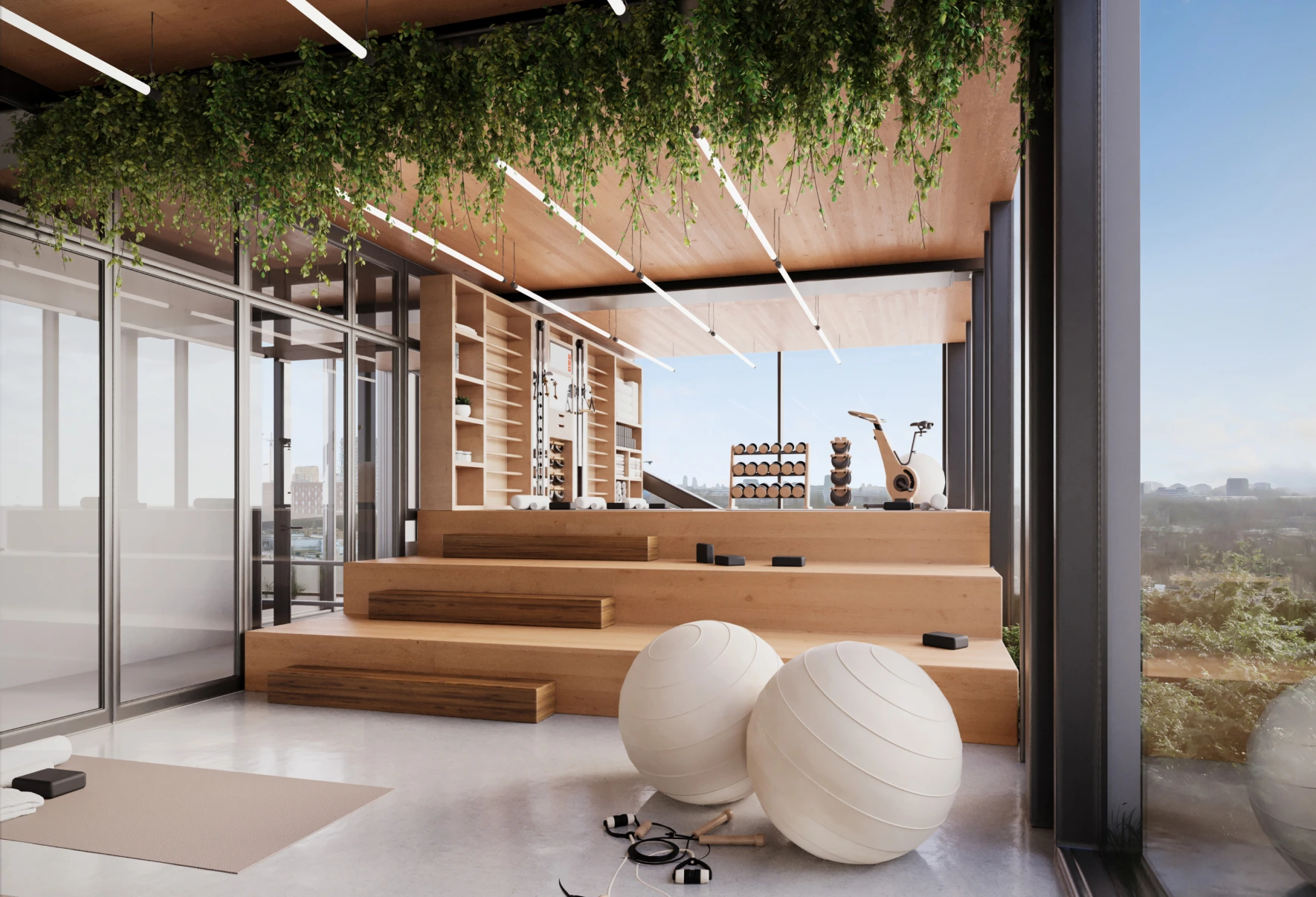 Yoga studio in de Makerstoren met hout en veel licht en planten